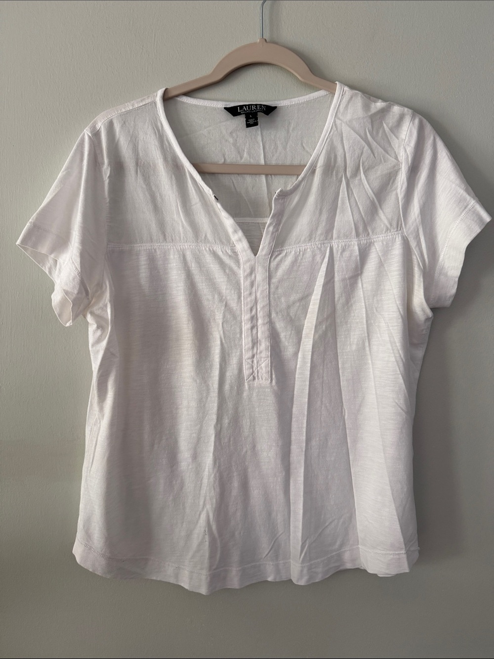 Lauren Ralph Lauren White Split V Short Sleeve Top
